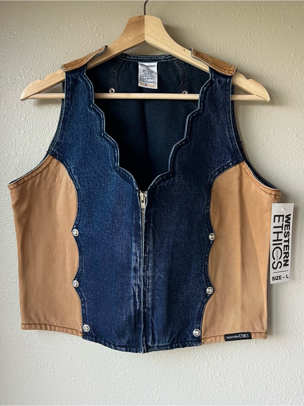 Vintage Western Ethics Bling Vest L Denim Tan 2 Tone 80s Scalloped Zip Cowgirl